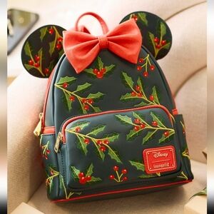NWT Loungefly Disney Minnie Mouse Holiday Holly Ears Mini Backpack